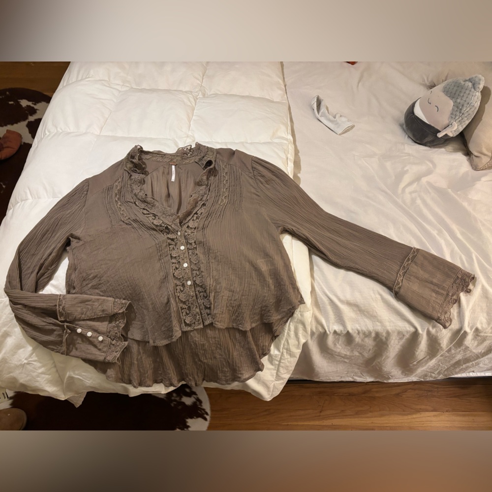 Free People Taupe Blouse with Lace Trim
